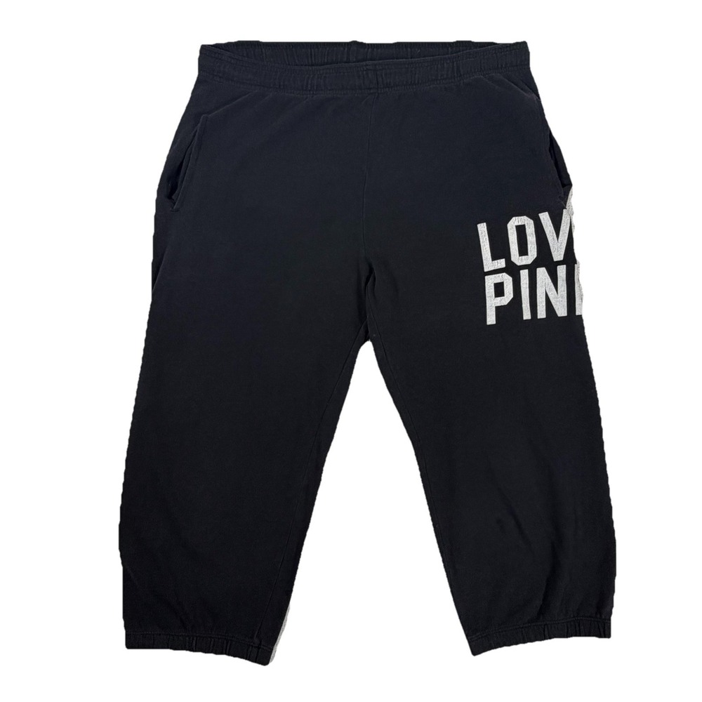 Victorias Secret Y2K Love Pink Black Cropped Capri Sweat Pants Comfy Size Small - Picture 1 of 9